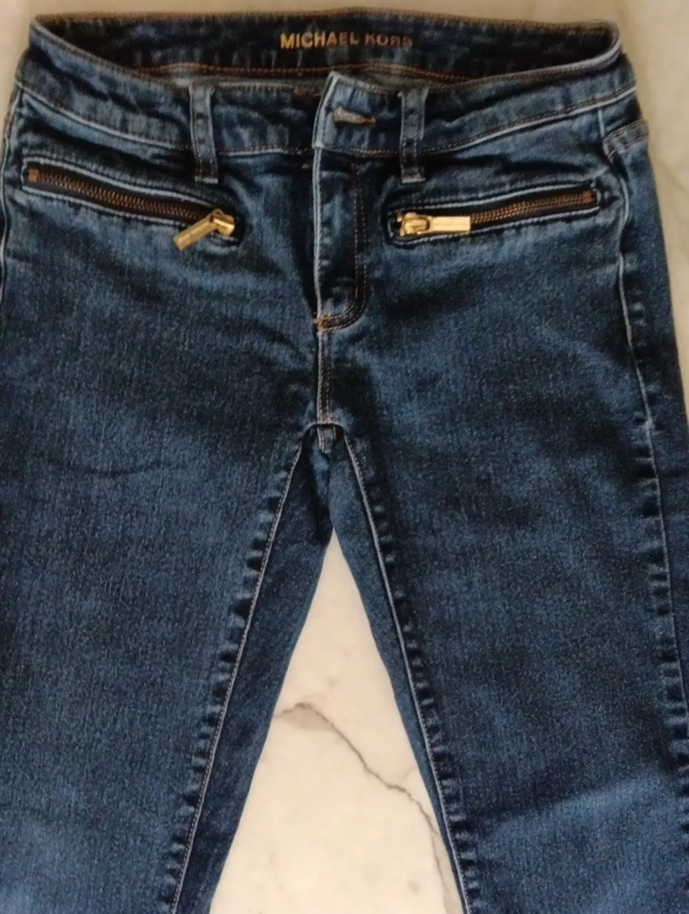 Michael Kors Women's Dark Wash Skinny Jeans with Gold Zipper Accents